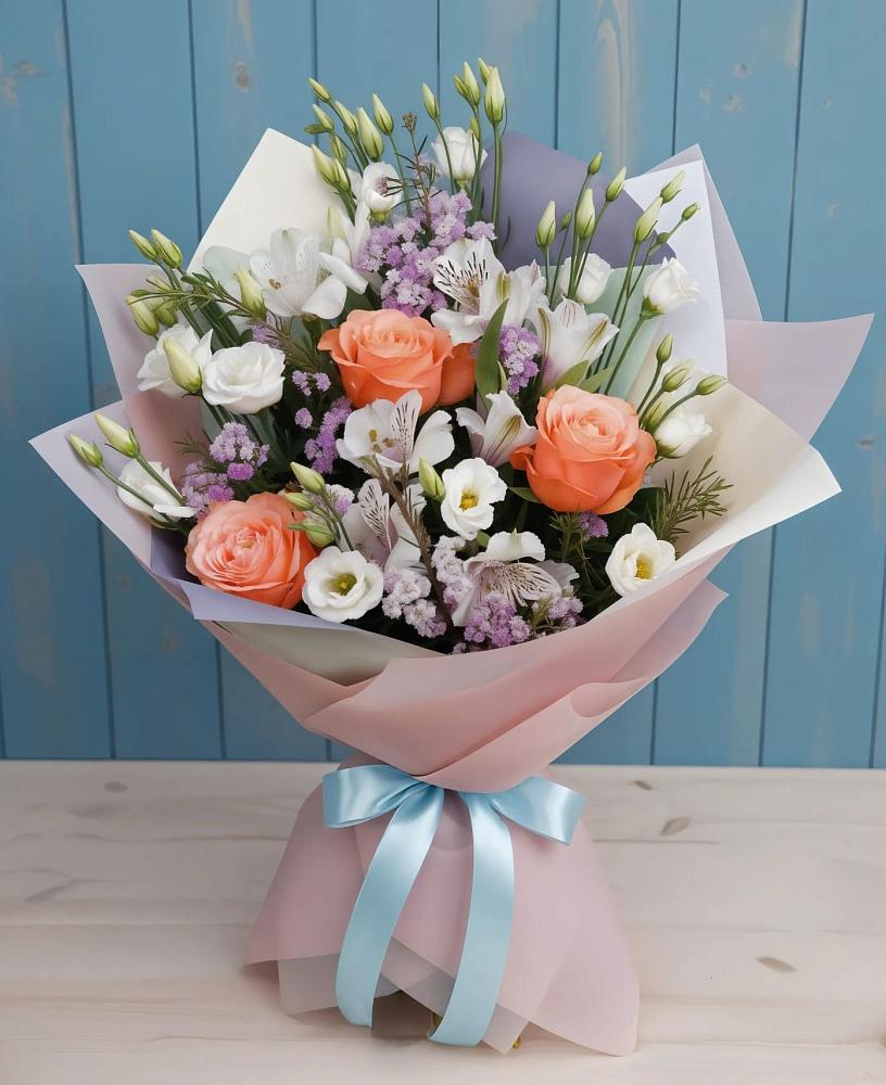 Букет цветов из: Лизиантусы, Розы, Альстромерии и Гипсофила в Ивдели